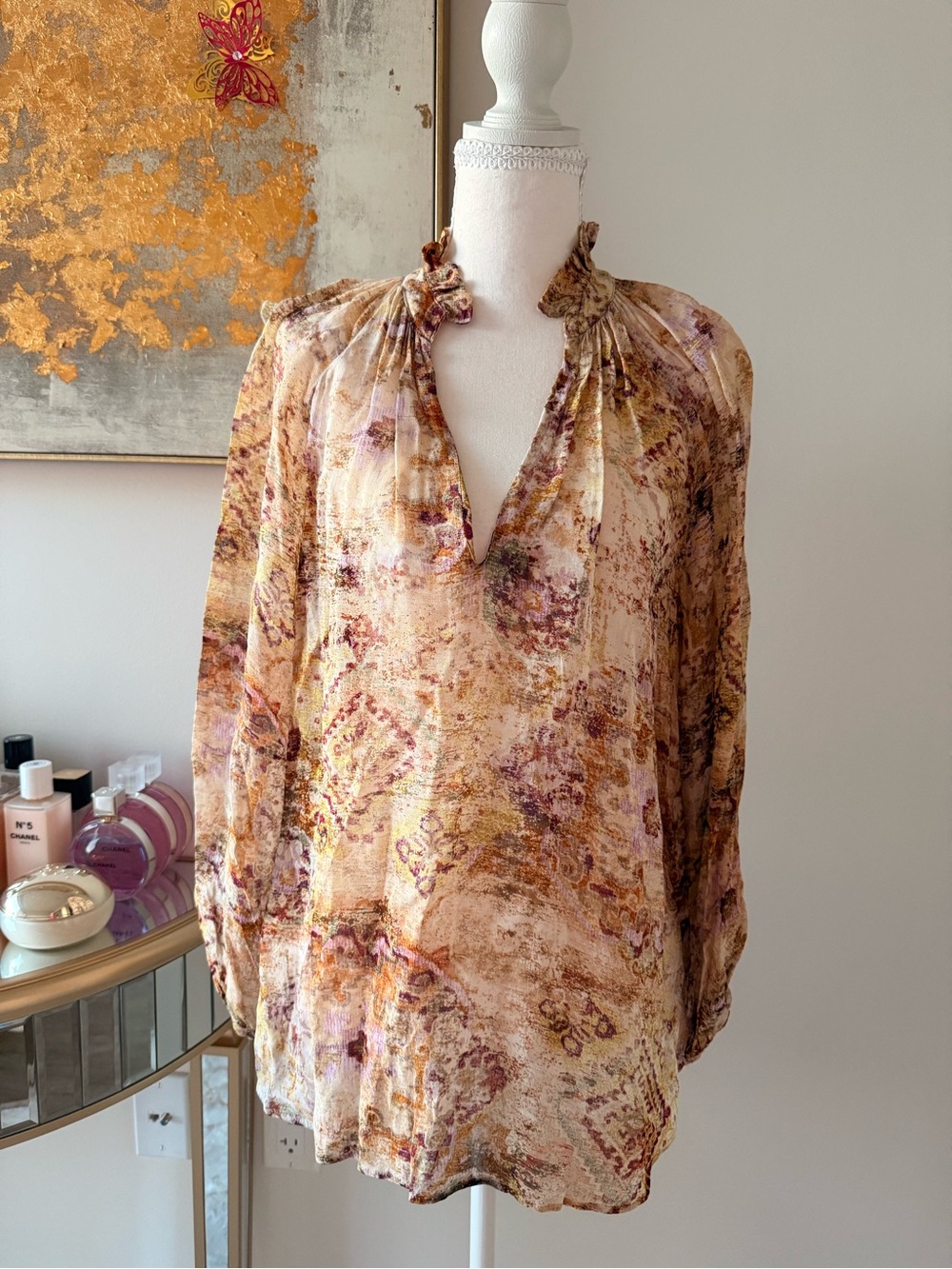 Women's Printed Ruffled Neck Blouse - Cream Multi